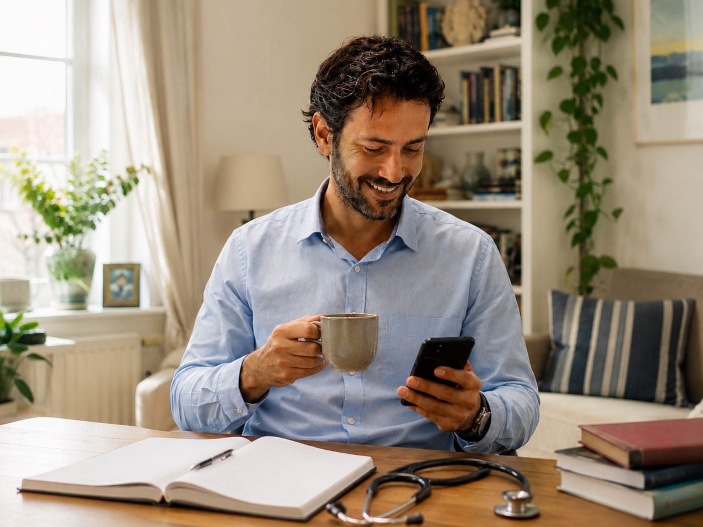 Ein Arzt sitzt entspannt mit Kaffee zu Hause und schaut auf sein Handy