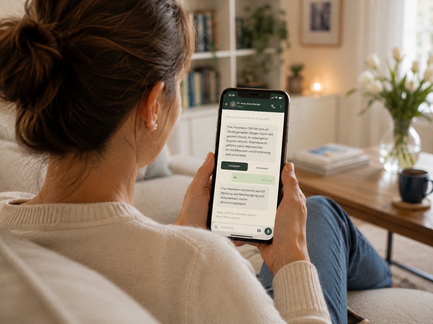 Eine Ärztin sitzt auf dem Sofa und gibt eine Anfrage in WhatsApp frei